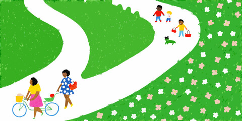 Obraz premium Family enjoying a walk and bike ride on a winding garden path