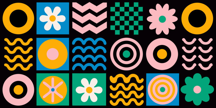 Colorful geometric pattern with repeating shapes and vibrant color blocks