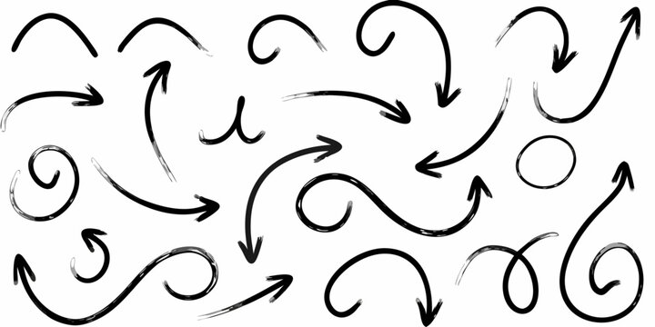 Collection of hand drawn black arrows and circular swirl shapes