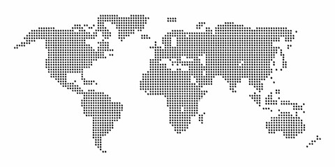 A dotted world map illustration with continents and oceans clearly defined