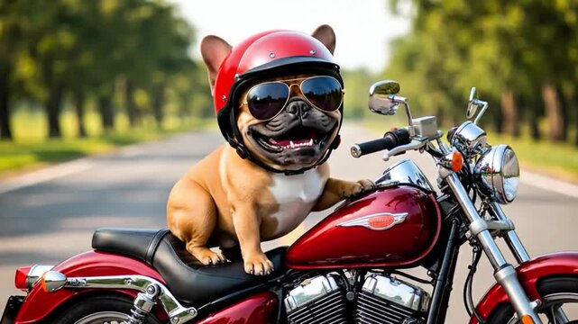 A french bulldog wearing sunglasses and a helmet rides a red motorcycle down a scenic road surrounded by trees on a sunny day