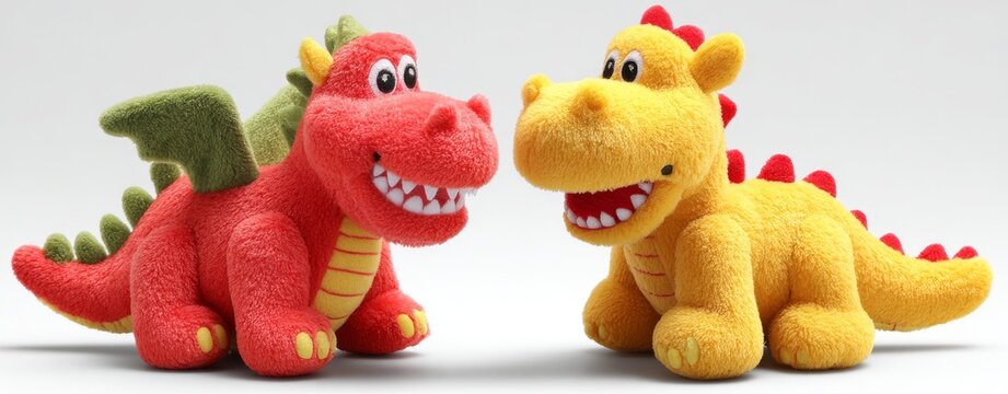 A pair of colorful dragon statues, one red and one orange, confront each other, highlighting elaborate designs and fierce demeanors