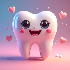 Cartoon tooth with hearts smiling in pink and blue background