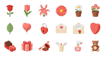 Valentine's Day icons set with flowers, gifts, hearts, and love symbols