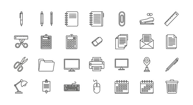 Office supplies and stationery icons for business and education