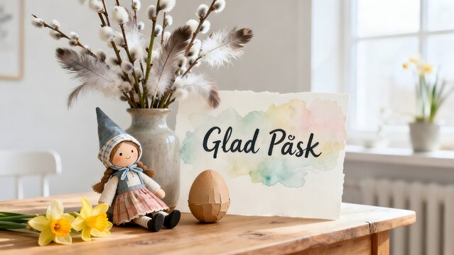 An Easter witch doll, decorated birch twigs and a cardboard egg in a Swedish interior. Handwritten Swedish text.