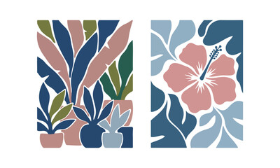 Abstract Botanical Illustration Set with Potted Houseplants and Hibiscus Flower