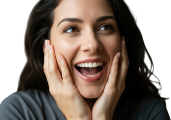 Woman expressing joy with hands near face isolated on transparent background