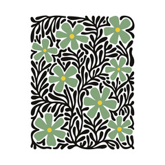 Abstract Minimalist Green Flower Pattern with Organic Black Vines and Leaves