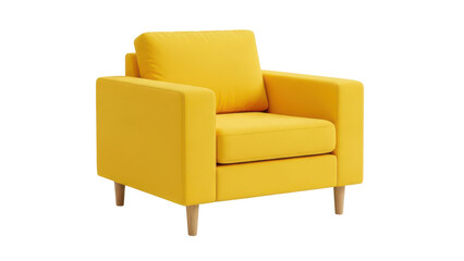 Mustard yellow upholstered armchair with wooden legs, studio product photo for furniture catalog or interior design mockup isolated on white background