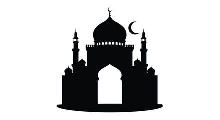 Mosque Silhouette with Crescent Moon Islamic Symbol on White Background