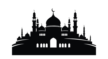 Mosque Silhouette with Crescent Moon Dome and Minarets at Night
