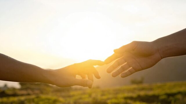 Two hands reaching out at sunset symbolizing connection and hope