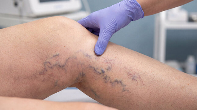 Close-up of a medical professional's gloved hand examining a patient's leg with visible varicose veins