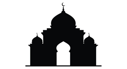Islamic Mosque Silhouette with Crescent Moon Symbol on White Background