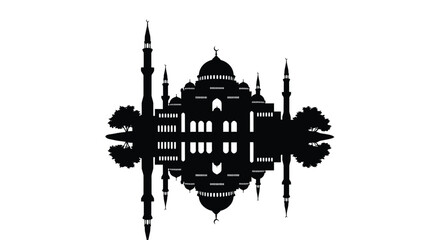 Taj Mahal silhouette with reflection in water, serene and majestic, black and white illustration