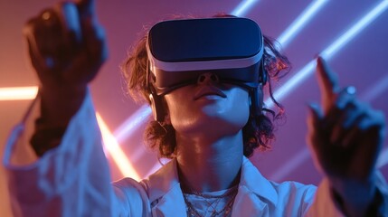 In the domain of technological exploration, a person with a virtual reality headset is bathed in the bright light of digital innovation, entering the immersive virtual world
