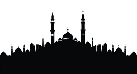 Mosque Silhouette with Minarets and Dome against White Background