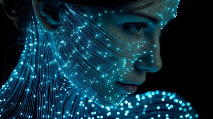 Mystical Glimmer: A serene woman with long, radiant hair shown as glowing strands of light is captured, evoking an ethereal allure