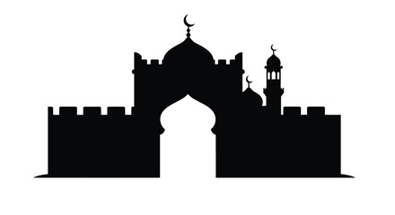 Islamic Mosque Silhouette with Crescent Moon and Minarets against White Background