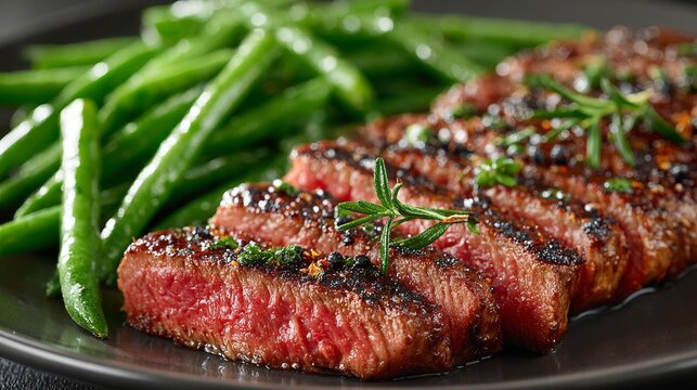 Exquisite Steak: A sumptuous, flawlessly grilled steak, beautifully arranged with fresh green beans, a culinary masterpiece prepared to tantalize the taste buds