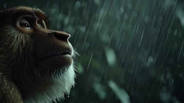 Monkey Facing Rain in Dark Forest Cinematic Wildlife Scene 4K Video