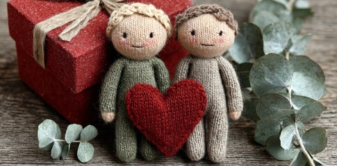 A cozy setup showcases two handcrafted dolls with red hearts, surrounded by decorative baskets and greenery against a wooden background