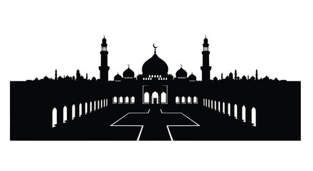 Mosque Silhouette with Courtyard and Minarets at Sunset in a Serene Atmosphere