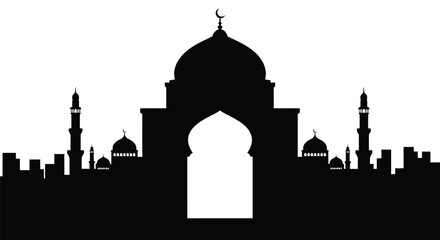 Mosque Silhouette with Domes and Minarets against White Sky