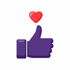 Fototapeta premium Stylized Purple Thumbs up Hand Icon with a Red Heart Floating Above Representing Digital Like Approval Positive Feedback and Love Concept