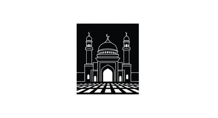 Mosque entrance with dome and minarets at night in a minimalist illustration style