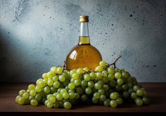Obraz premium A bottle of wine and a bunch of green grapes on a wooden table indoors