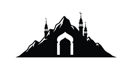 Mosque Silhouette with Minarets and Mountains in Black and White