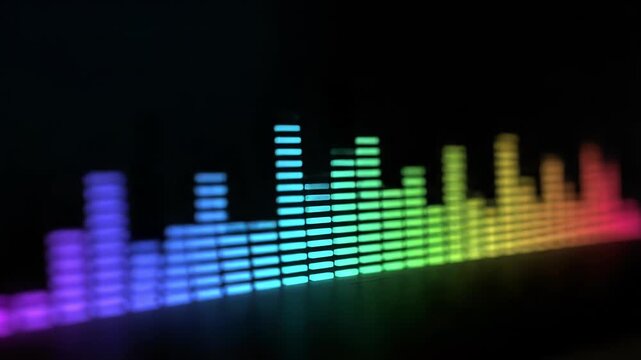 Dynamic audio equalizer bars display vibrant sound frequencies in a dark environment. Colorful spectrum analysis creates a mesmerizing visual representation of music.
