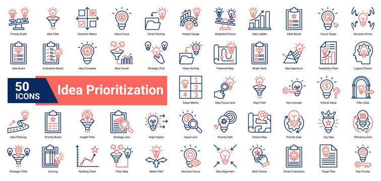 A collection of Idea Prioritization icons. Containing filters, rankings, values, and choices. Ideal for strategy mapping, project planning, and creative evaluation.