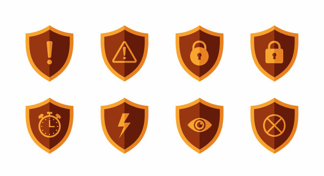 Set of Eight Safety and Security Icons on Shields Exclamation Warning Lock Timer Lightning Eye Cross