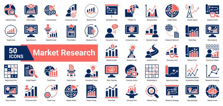 A collection of Market Research icons. Containing data, insights, trends, and analysis. Ideal for business strategy, market studies, and competitive intelligence.