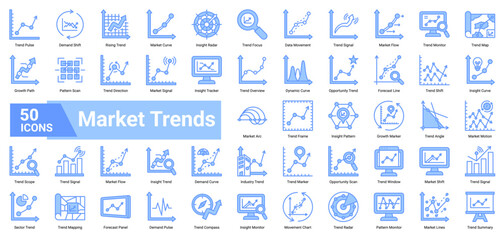 A collection of Market Trends icons. Containing trends, signals, curves, and insights. Ideal for business forecasting, market analysis, and strategic planning.