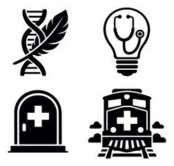 Obraz premium Abstract medical icon set featuring symbols of genetics, innovation, mortality, and transport for healthcare themes