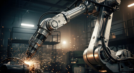Industrial robot arm welding in factory, automation technology