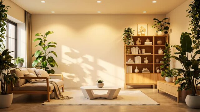 An empty room transforms into a cozy, plant-filled living space. Modern furniture and warm lighting create a serene home interior.