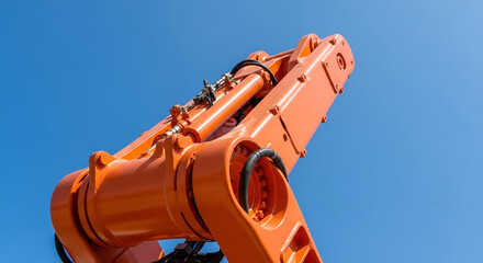 Orange robotic arm against blue sky