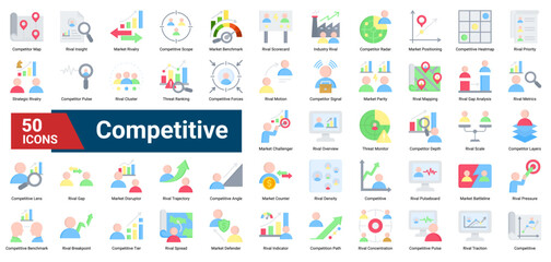 A collection of Competitive icons, containing rival analysis, market positioning, benchmarking, threat monitoring, and competitive dynamics. Ideal for market intelligence, strategy planning, and compe