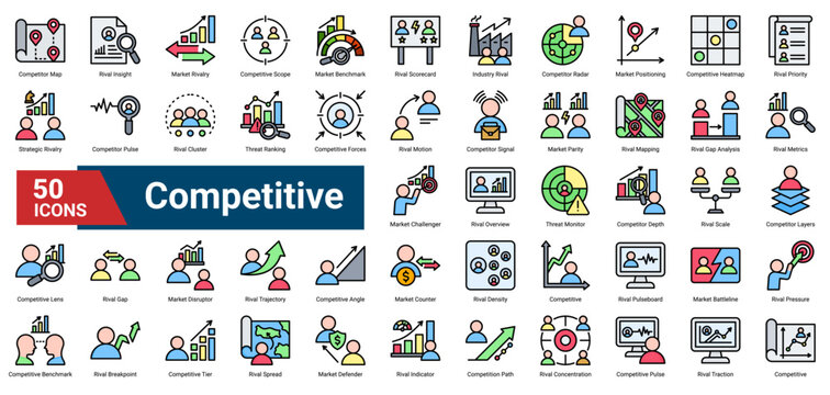 A collection of Competitive icons, containing rival analysis, market positioning, benchmarking, threat monitoring, and competitive dynamics. Ideal for market intelligence, strategy planning, and compe