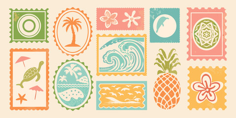 A collection of colorful vintage style postage stamps with tropical themes © Ranajit