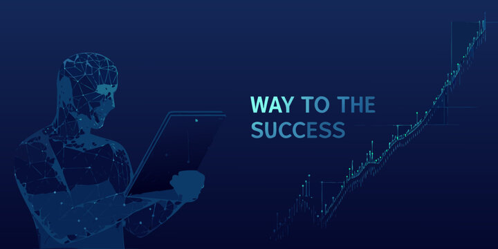 Digital human using a laptop with a growing chart representing success