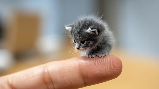 Tiny grey kitten on finger tip.