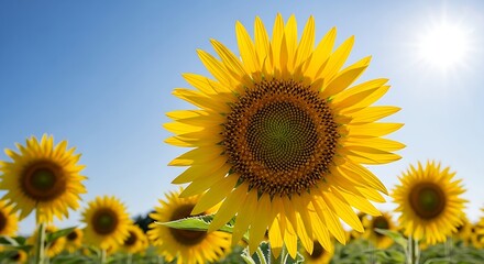 Fototapeta premium A vibrant yellow sunflower stands prominently in a sunny field under a clear blue sky with lens flare.