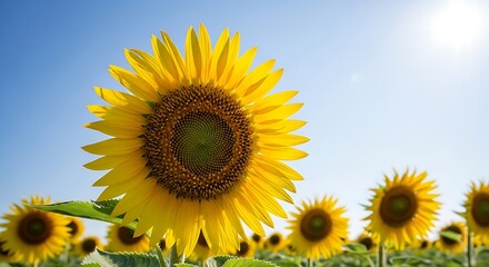 A vibrant yellow sunflower stands prominently in a sunny field under a clear blue sky with lens flare.