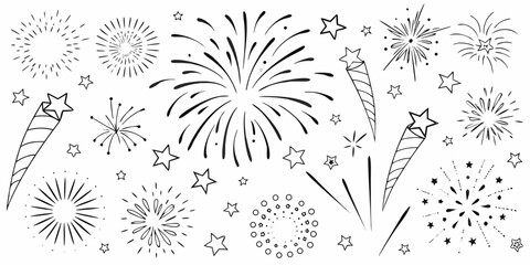 Whimsical sketch of fireworks and stars a festive black and white illustration © Ranajit